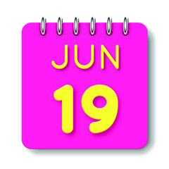 19 day of the month. June. Cute calendar daily icon. Date day week Sunday, Monday, Tuesday, Wednesday, Thursday, Friday, Saturday. Neon yellow. Pink Paper. White background.