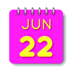 22 day of the month. June. Cute calendar daily icon. Date day week Sunday, Monday, Tuesday, Wednesday, Thursday, Friday, Saturday. Neon yellow. Pink Paper. White background.