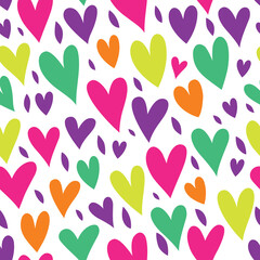 Seamless pattern with bright hearts on a white background.