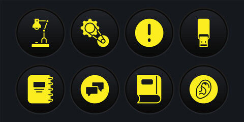 Set Notebook, USB flash drive, Speech bubble chat, Book, and Exclamation, Timing belt kit, Ear listen sound signal and Table lamp icon. Vector