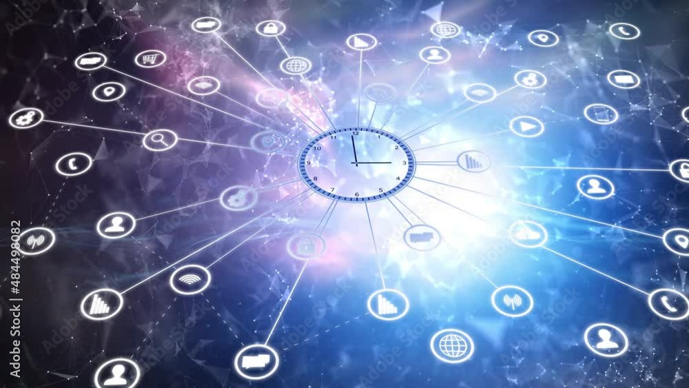 Aufkleber digital technology icon symbols with futuristic time clock in colorful glowing cyberspace network se