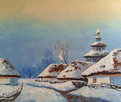 Oil paintings rural landscape, landscape with snow, landscape with church in the winter
