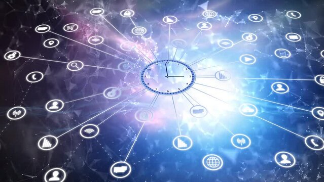 Digital technology icon symbols with futuristic time clock in colorful glowing cyberspace network seamless loop animation background.