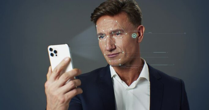 Face id Detection. Biometric Facial Recognition Security System 3d Scanning. Authentication of Businessman Using Smartphone with Modern Technology Person Identification. Cyber Protection Concept 4k.
