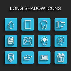 Set line Dental protection, Graduation cap, Water drop, Laptop with resume, Gift box, Envelope Valentine heart, Shield and dollar and Head hunting concept icon. Vector
