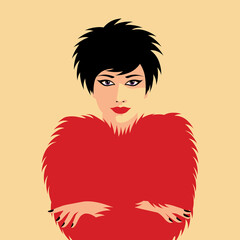 Fashion girl with red lips in fur coat. Beautiful woman face vector illustration. Stylish original graphics art portrait.