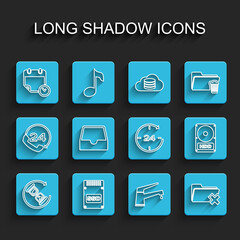 Set line Waiting, SSD card, Calendar and clock, Water tap, Delete folder, Social media inbox, Hard disk drive HDD and Clock 24 hours icon. Vector