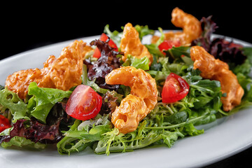 Salad with shrimp in batter, herbs and tomatoes on a plate