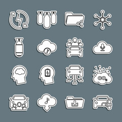 Set line Car sharing, CO2 emissions cloud, Music streaming service, Share folder, Aviation bomb, Recharging and icon. Vector
