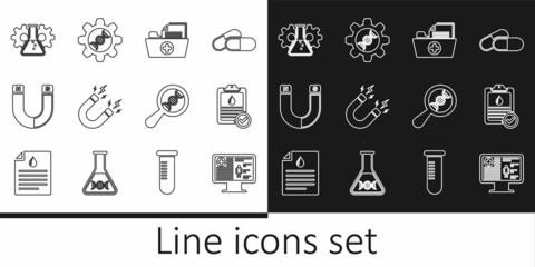 Set line Clinical record on monitor, Clipboard with blood test, Health folder, Magnet lightning, Bioengineering, DNA research, search and Genetic icon. Vector