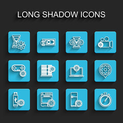 Set line USB flash drive setting, Oven, Hourglass, Refrigerator, Stopwatch, Server, Setting and Laptop icon. Vector