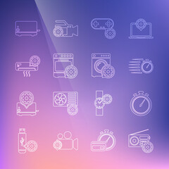 Set line Radio setting, Stopwatch, Gamepad, Oven, Air conditioner, Toaster and Washer icon. Vector