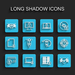 Set line Credit card with lock, Laptop and, Computer api interface, Server security, Cyber, Electric scooter, Time Management and icon. Vector