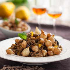 Brown Lentils and Vegetable Stew with Caramelized Pearl Onions