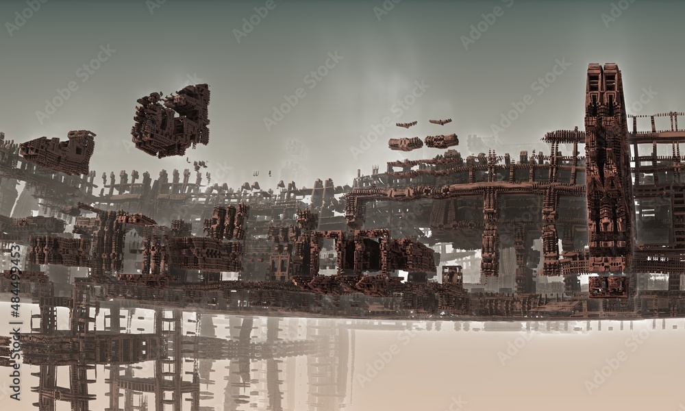 Wall mural apocalyptic urban 3d scene of abandoned buildings and constructions levitating in foggy space. epic 