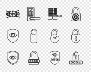 Set line Shield and eye, Password protection, Server VPN, with microchip circuit, Please do not disturb, wireless and Lock icon. Vector