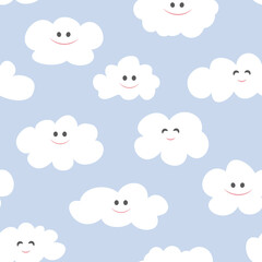 Seamless pattern with cute clouds. Children's texture on blue background. Vector illustration.