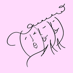 3 cheerful women girls are drawn with a stroke of the pen with a black line on pink background. Postcard for women's day, mother's day, family, mom, sister, girlfriends coquette, love, Lgbt, polygamy.