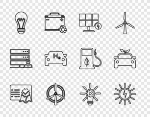 Set line Certificate template, Solar energy panel, Rotating wind turbine, Light bulb, Hydrogen car, with gear and Eco concept drive icon. Vector