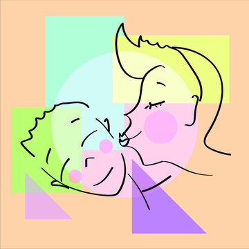 A couple of guys in love or a girl and guy. The woman kisses the man on the cheek, he smiles. linear drawing. Black contours on a colorful geometric abstract background. Postcard valentines day. Love.
