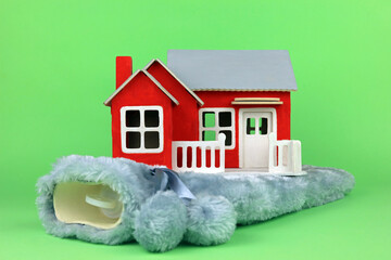 a scale model house sat on a hot water bottle, keeping your home warm concept.