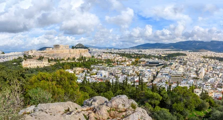 Fotobehang Panoramic view from the top of Filapappou or Philopappos Hill of the Parthenon and Erechtheion on Acropolis Hill, with Mount Lycabettus in the background in Athens, Greece  © Kirk Fisher