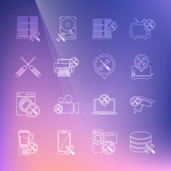 Set line Database server service, Security camera, Toaster, Printer, Crossed screwdrivers, and Location icon. Vector