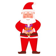 Santa Claus holding a present. Christmas gift.Isolated on a blue background. Vector flat illustration.
