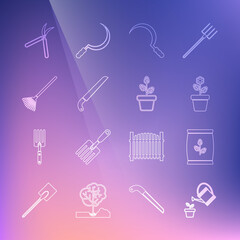 Set line Watering can, Fertilizer bag, Flower pot, Sickle, Garden saw, rake for leaves, Gardening handmade scissor and Flowers icon. Vector