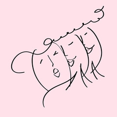 3 cheerful women girls are drawn with a stroke of the pen with a black line on pink background. Postcard for women's day, mother's day, family, mom, sister, girlfriends coquette, love, Lgbt, polygamy.