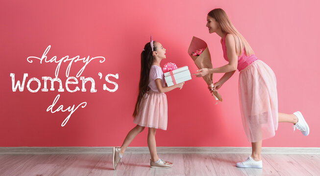 Beautiful greeting card for International Women's Day celebration with young woman and her little daughter - Powered by Adobe