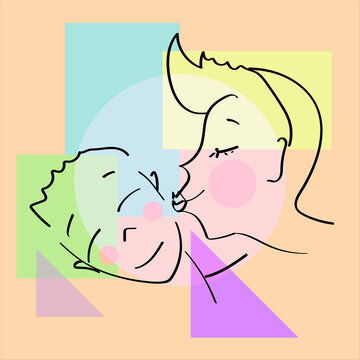 A couple of guys in love or a girl and guy. The woman kisses the man on the cheek, he smiles. linear drawing. Black contours on a colorful geometric abstract background. Postcard valentines day. Love.