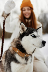 cheerful woman winter landscape walk friendship fresh air