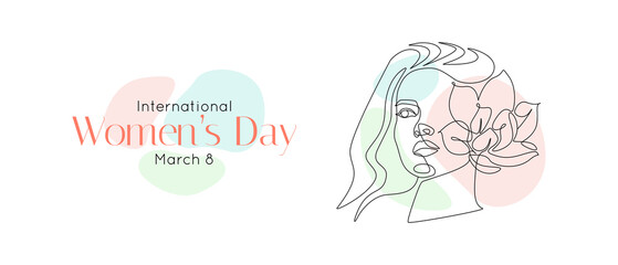 Happy Women's Day holiday illustration. Woman face with flower in one continuous line drawing. Female portrait in linear style for web banner or greeting card. Doodle Vector illustration for 8 march