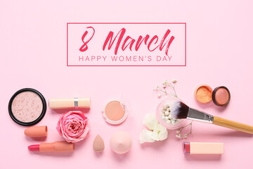 Beautiful greeting card for International Women's Day celebration with makeup cosmetics