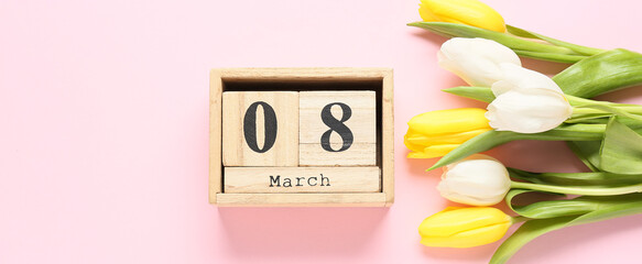 Beautiful greeting card for International Women's Day celebration with calendar and tulip flowers