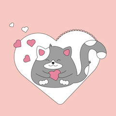Cute, funny, fat kitten with hearts for Valentine's Day. Сute greeting card illustration

