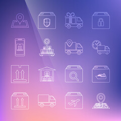 Set line Placeholder on map, Cargo ship with boxes, Delivery truck and clock, gift, Scale cardboard, Mobile app tracking, and icon. Vector