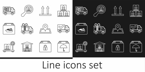 Set line Delivery package with umbrella, truck check mark, This side up, gift, Cargo ship boxes, Free delivery service, Placeholder on map and Search icon. Vector