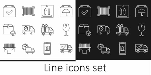 Set line Delivery truck with check mark, Fragile broken glass, Cardboard box traffic, and stopwatch, Package, gift and Barcode icon. Vector