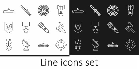 Set line Target sport, Rocket, Radar with targets, Military reward medal, Chevron, Submarine, Biohazard rocket and knife icon. Vector