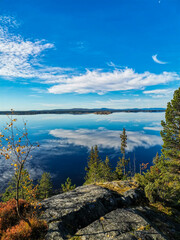 The White Sea coast with trees in the foreground and stones in the water on a sunny day. Karelia.