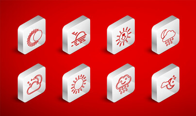 Set line Cloud with moon and stars, Sunset, rain, Eclipse of the sun, and icon. Vector