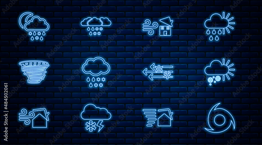 Wall mural Set line Tornado, Cloudy with snow, swirl, and rain, moon, Wind and icon. Vector