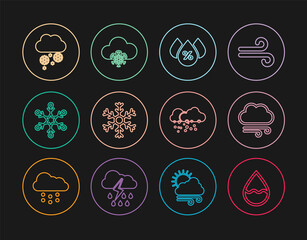 Set line Water drop, Windy weather, percentage, Snowflake, Cloud with snow, and icon. Vector