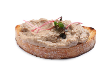 Slice of bread with delicious pate and microgreens isolated on white