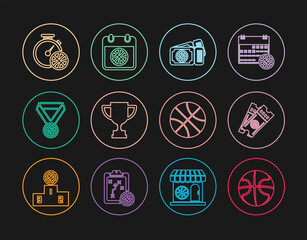 Set line Basketball ball, game ticket, Award cup, medal, Stopwatch with basketball, and on sport calendar icon. Vector