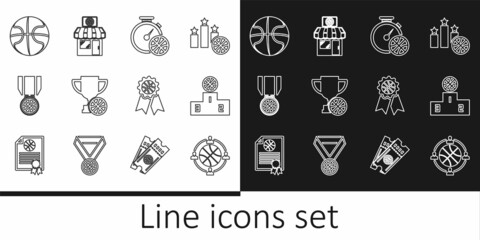 Set line Planning strategy, Sports winner podium, Stopwatch with basketball ball, Award cup, Basketball medal, award and shop and icon. Vector