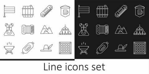 Set line Checkered napkin, Massive steel chandelier, Harmonica, Accordion, Costume for women dirndl, National Germany flag, Mountains and Wooden barrel icon. Vector