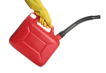 Female hand in rubber gloves holding canister on white background
